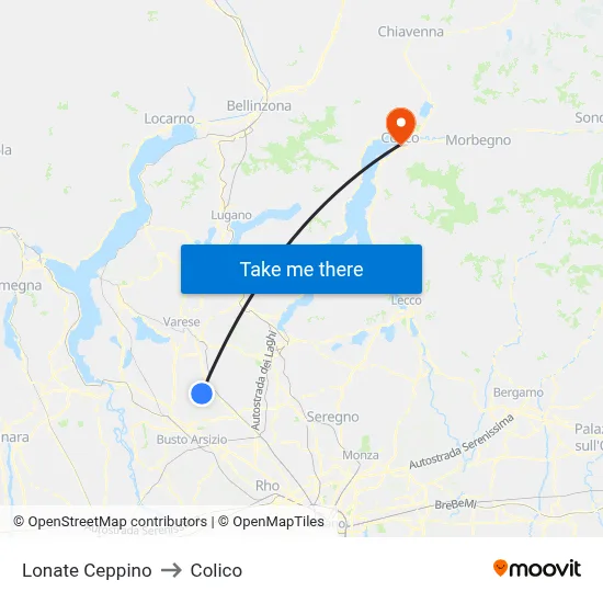 Lonate Ceppino to Colico map