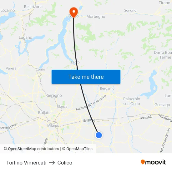 Torlino Vimercati to Colico map