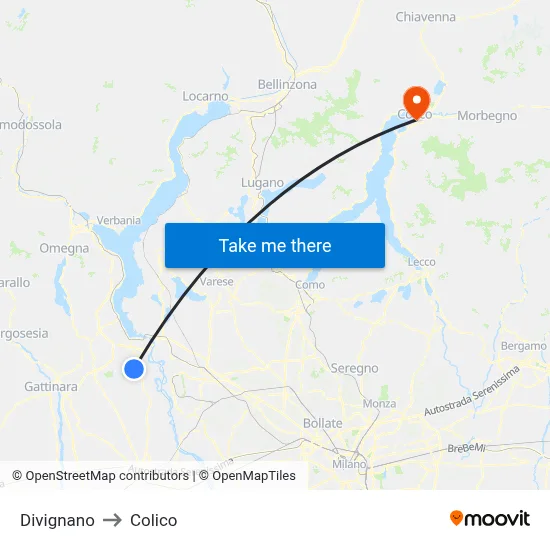 Divignano to Colico map
