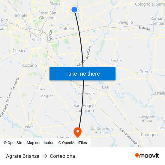 Agrate Brianza to Corteolona map