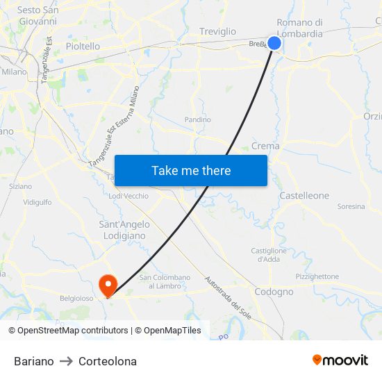 Bariano to Corteolona map