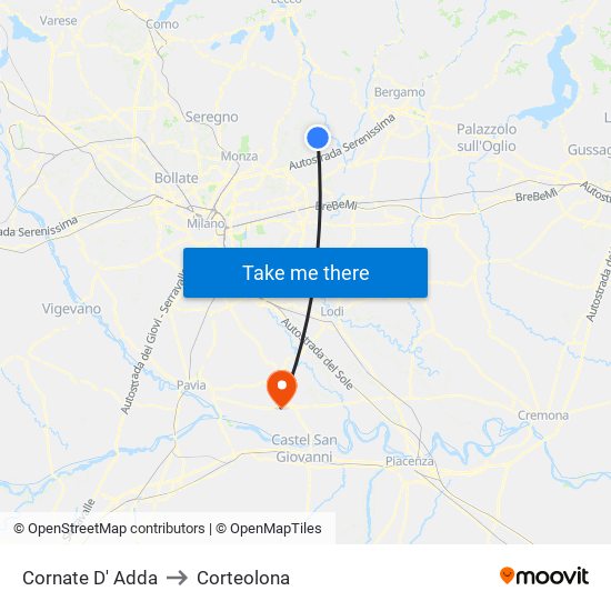 Cornate D' Adda to Corteolona map