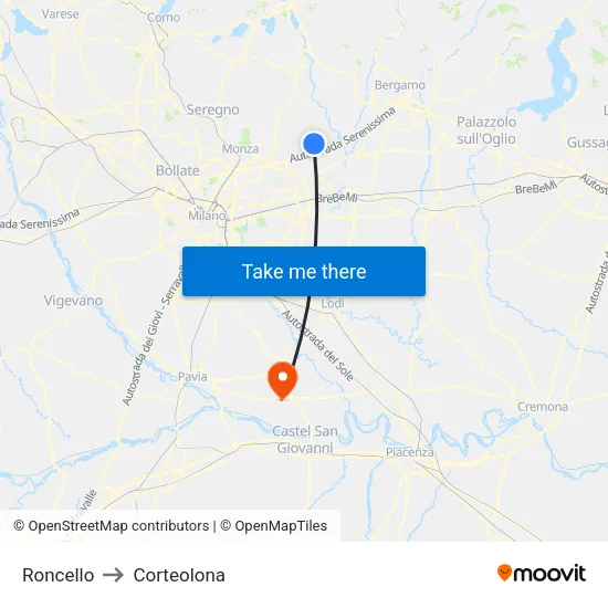 Roncello to Corteolona map