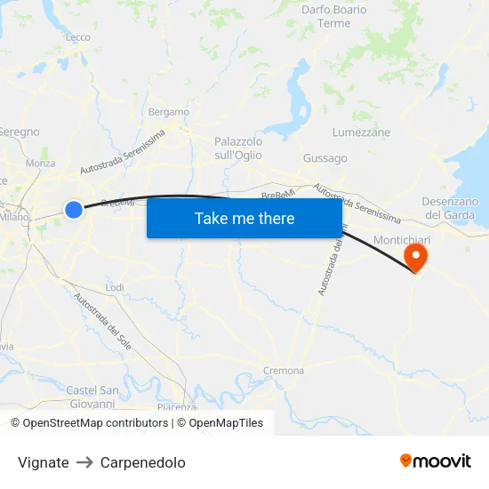 Vignate to Carpenedolo map