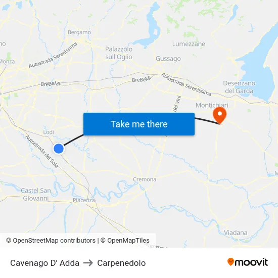 Cavenago D' Adda to Carpenedolo map