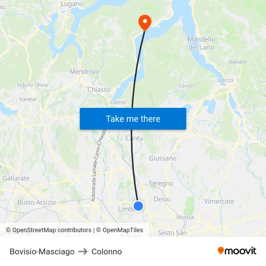 Bovisio-Masciago to Colonno map