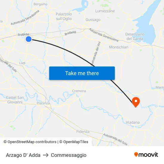 Arzago d'Adda to Commessaggio map