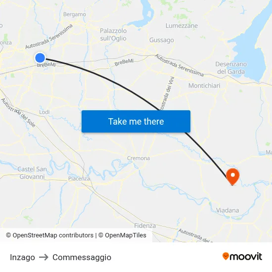 Inzago to Commessaggio map