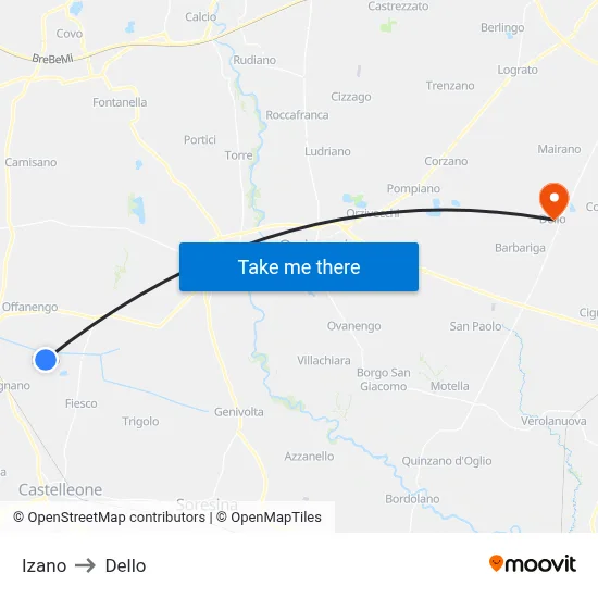 Izano to Dello map