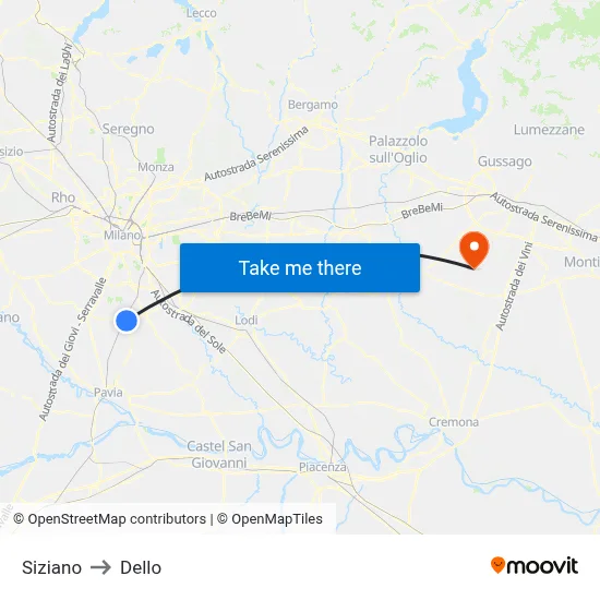 Siziano to Dello map