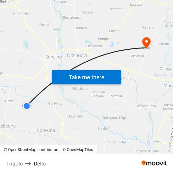 Trigolo to Dello map