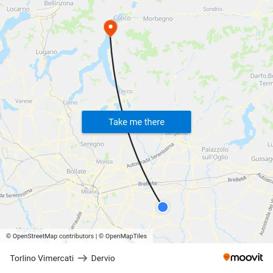 Torlino Vimercati to Dervio map