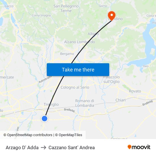 Arzago D' Adda to Cazzano Sant' Andrea map