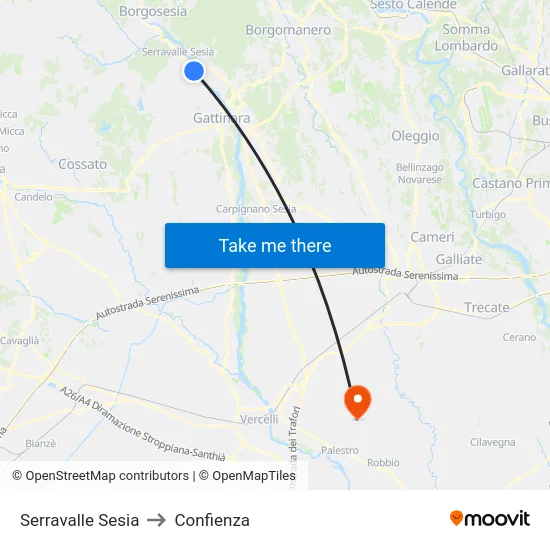 Serravalle Sesia to Confienza map