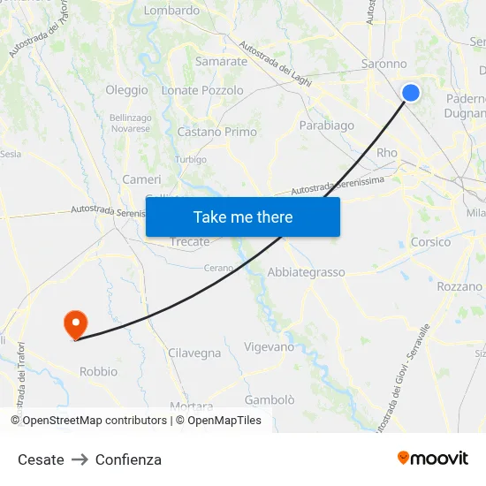 Cesate to Confienza map