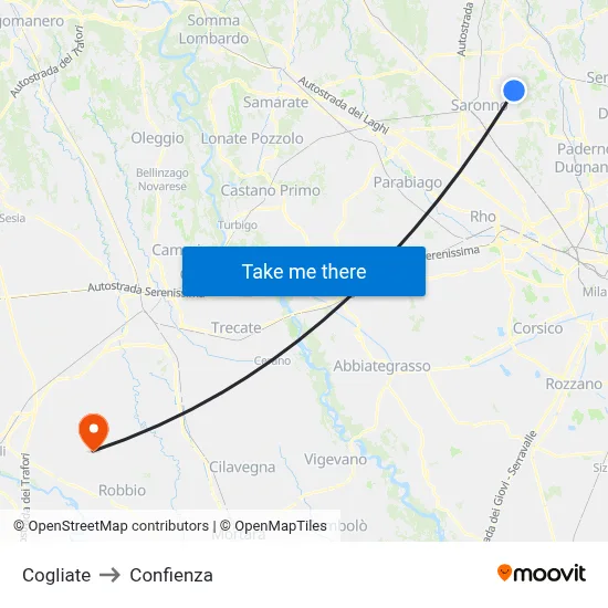 Cogliate to Confienza map