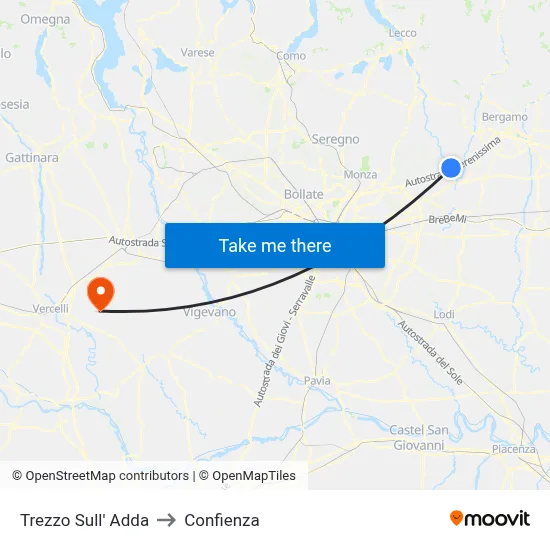 Trezzo Sull' Adda to Confienza map