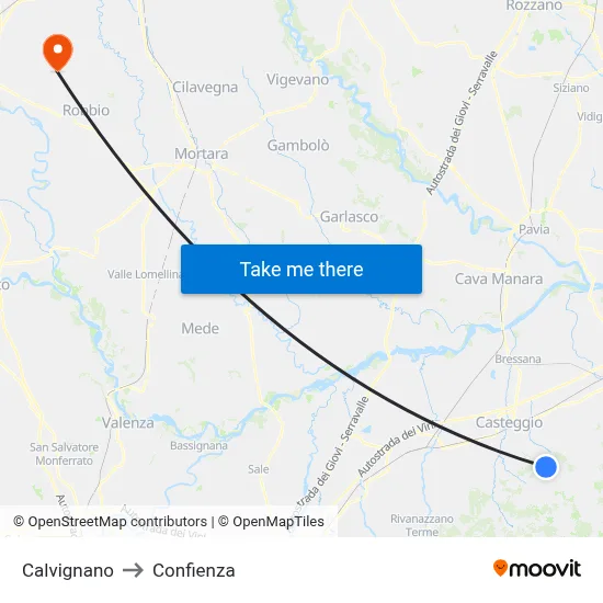 Calvignano to Confienza map