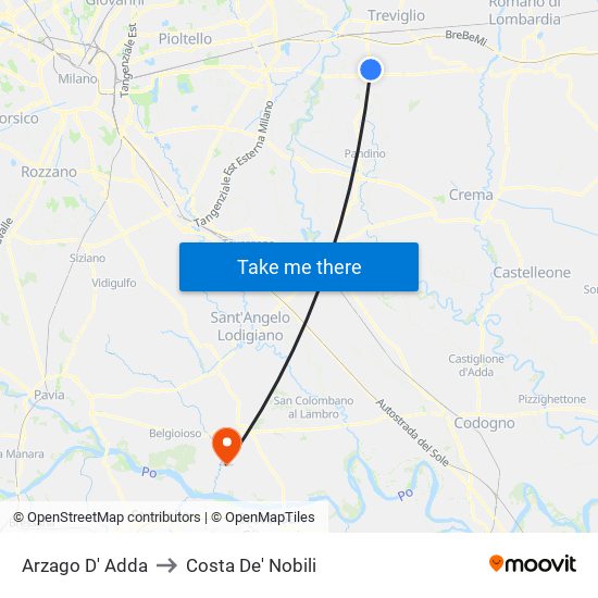 Arzago D' Adda to Costa De' Nobili map