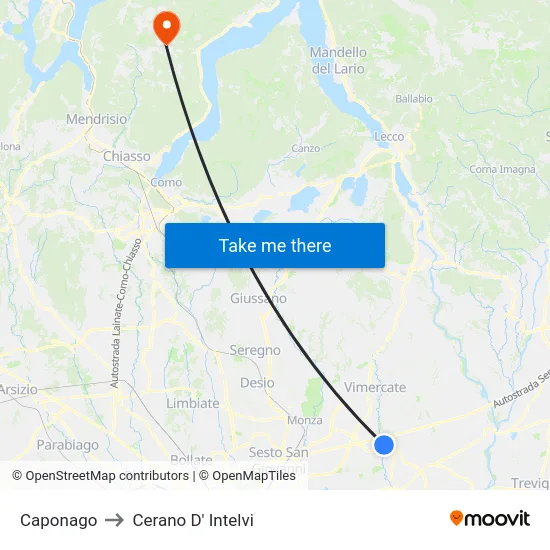 Caponago to Cerano D' Intelvi map