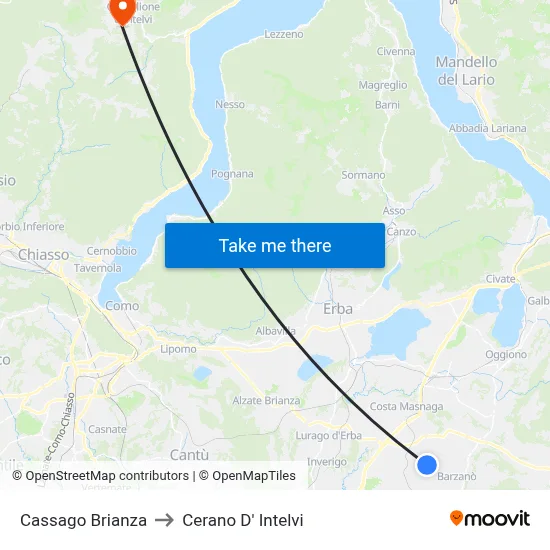 Cassago Brianza to Cerano D' Intelvi map
