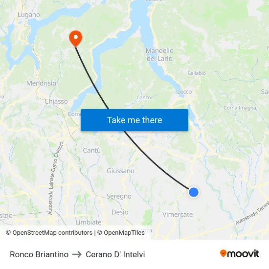 Ronco Briantino to Cerano D' Intelvi map