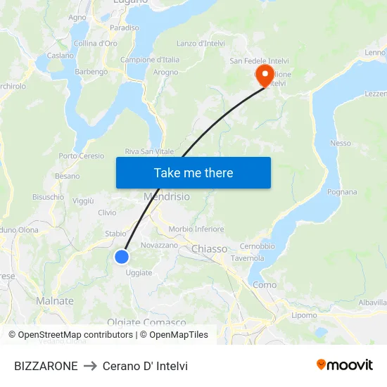 Bizzarone to Cerano D' Intelvi map