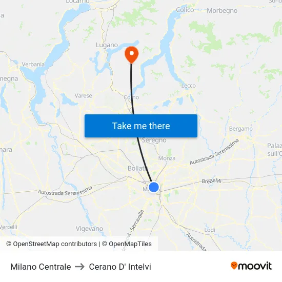 Milano Centrale to Cerano D' Intelvi map