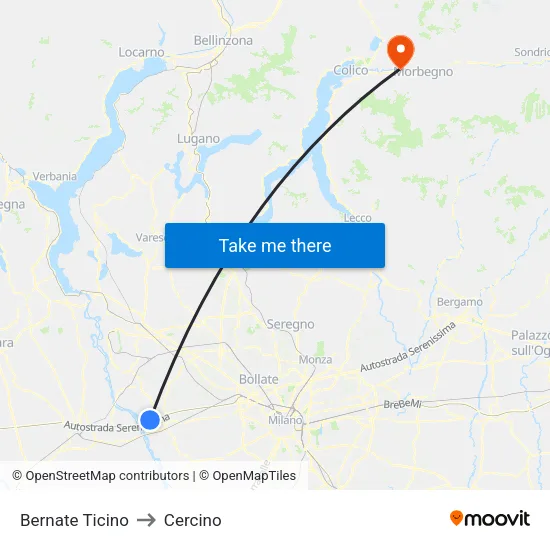 Bernate Ticino to Cercino map