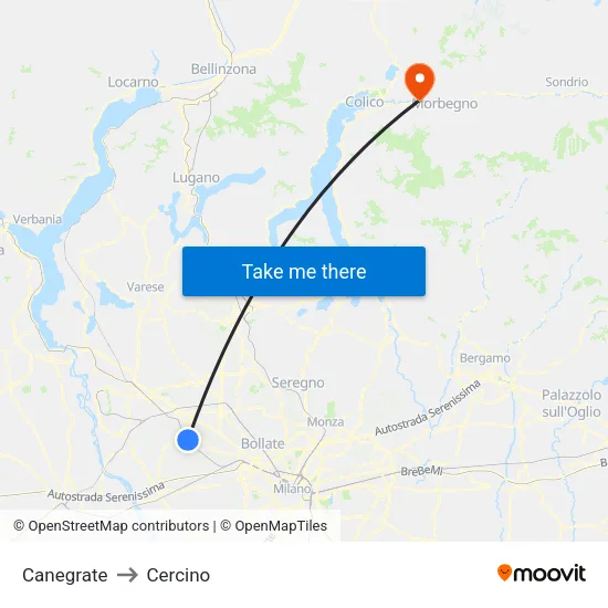 Canegrate to Cercino map