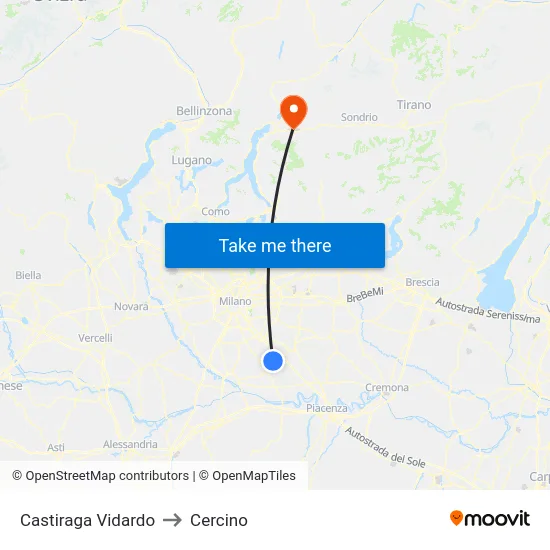 Castiraga Vidardo to Cercino map