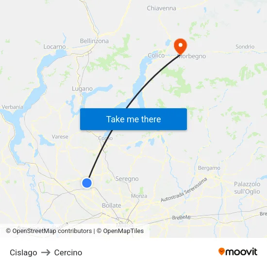 Cislago to Cercino map