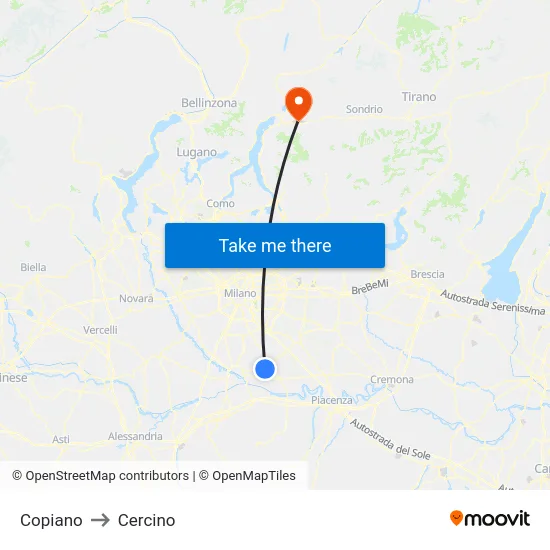 Copiano to Cercino map