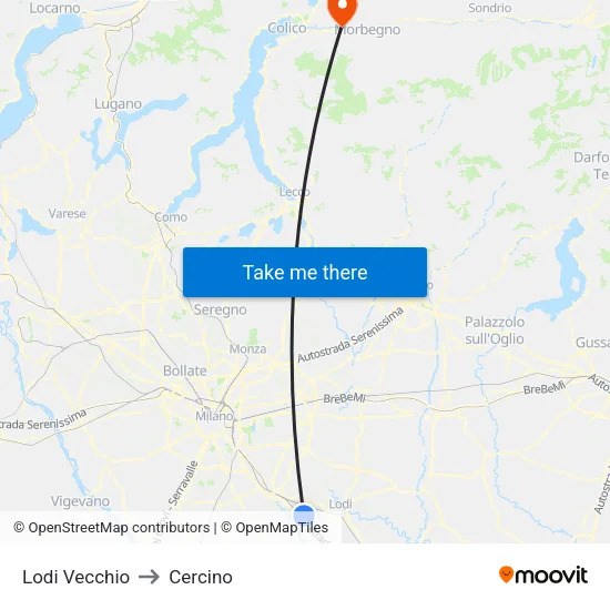 Lodi Vecchio to Cercino map