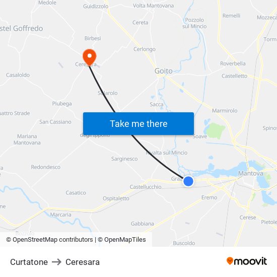 Curtatone to Ceresara map