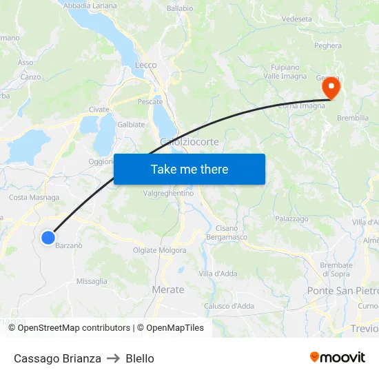 Cassago Brianza to Blello map