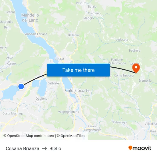 Cesana Brianza to Blello map