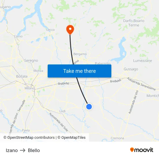 Izano to Blello map