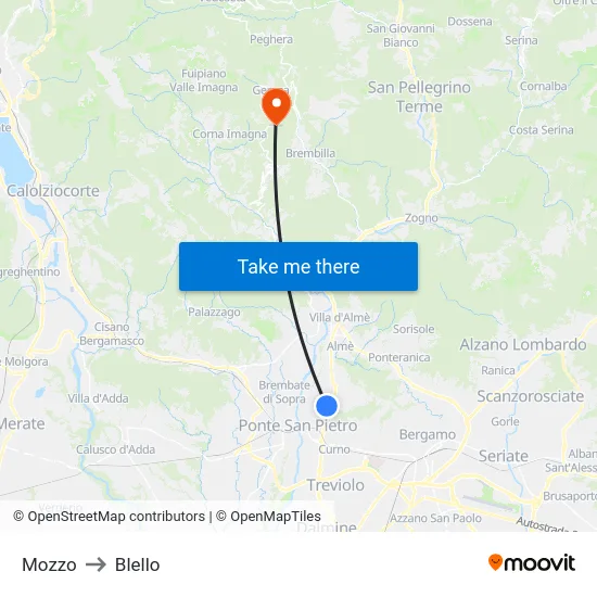 Mozzo to Blello map