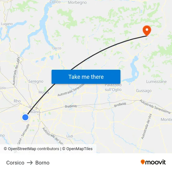 Corsico to Borno map