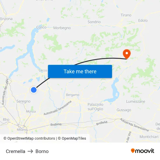 Cremella to Borno map