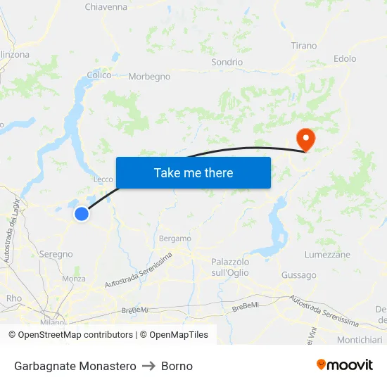 Garbagnate Monastero to Borno map