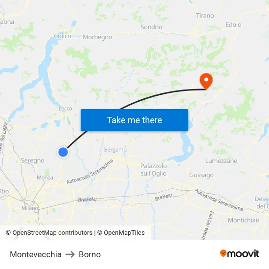 Montevecchia to Borno map