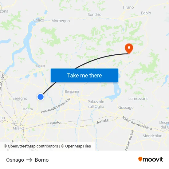 Osnago to Borno map