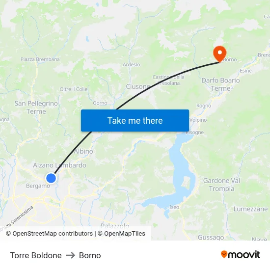 Torre Boldone to Borno map