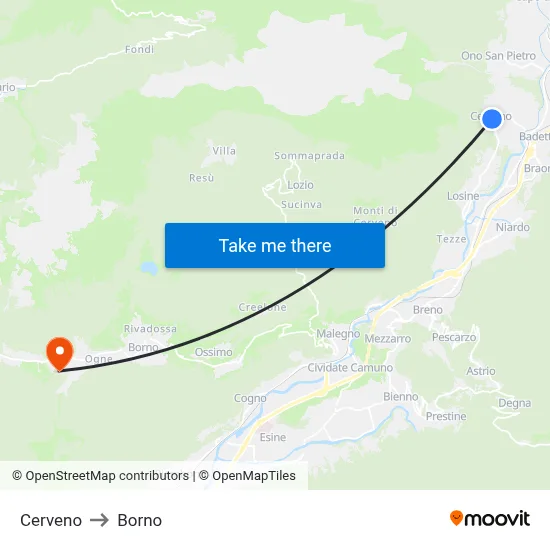 Cerveno to Borno map