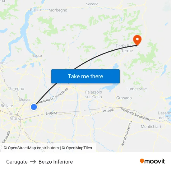 Carugate to Berzo Inferiore map