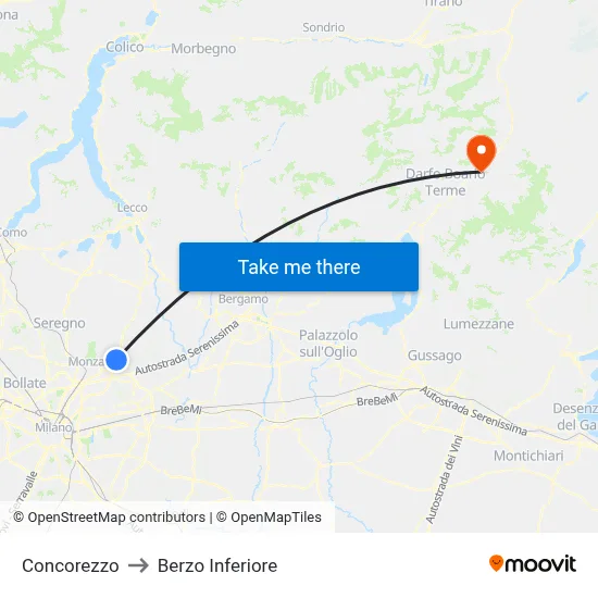 Concorezzo to Berzo Inferiore map