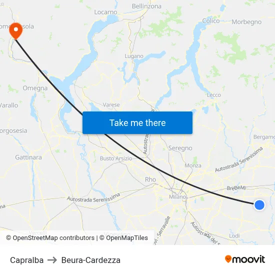 Capralba to Beura-Cardezza map
