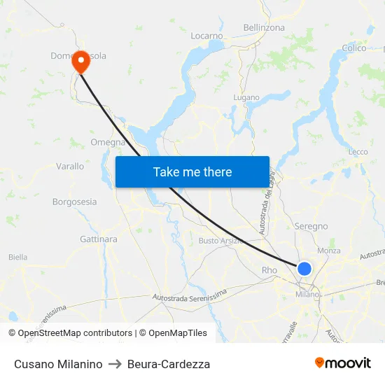Cusano Milanino to Beura-Cardezza map